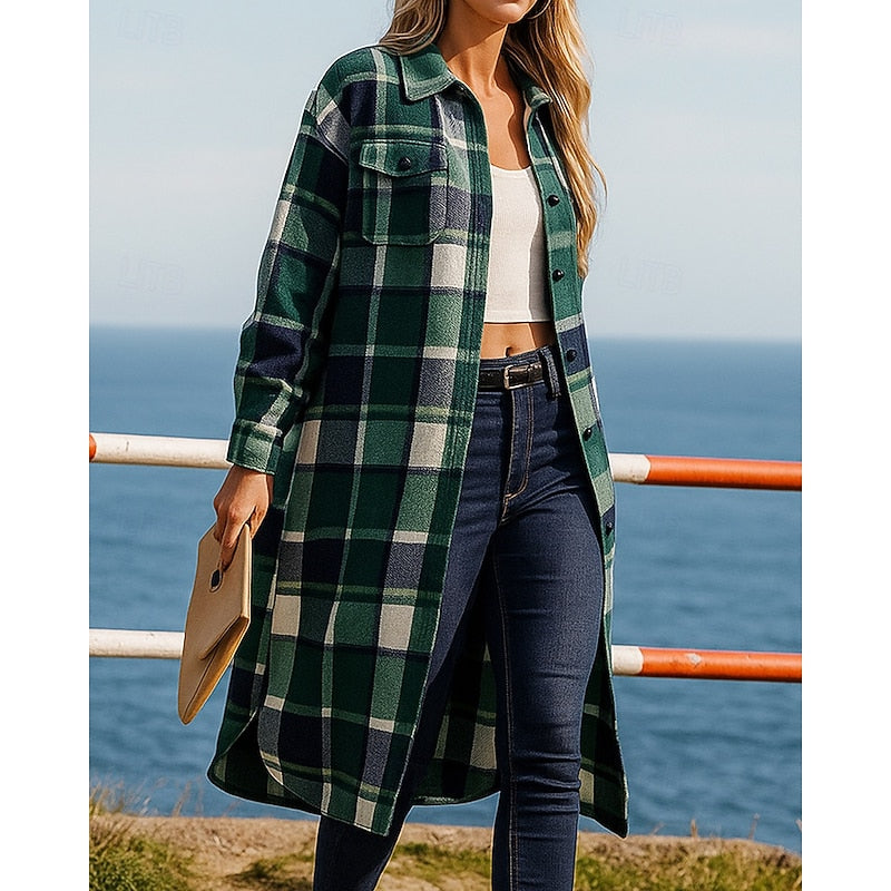 Manteau long femme en laine à carreaux et col à revers 3