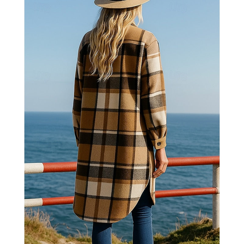 Manteau long femme en laine à carreaux et col à revers 5