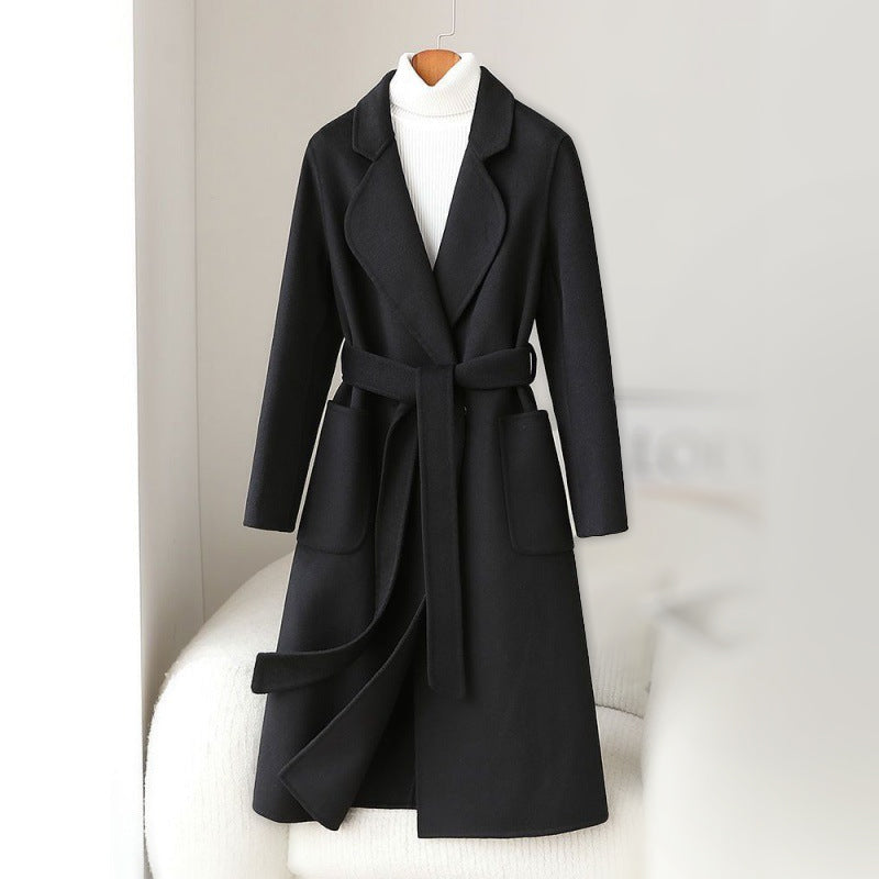 Manteau long femme en laine à col cranté et ceinture nouée 2