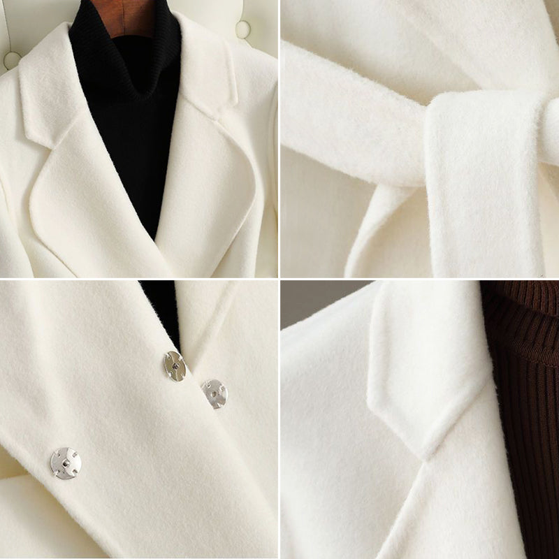 Manteau long femme en laine à col cranté et ceinture nouée 6