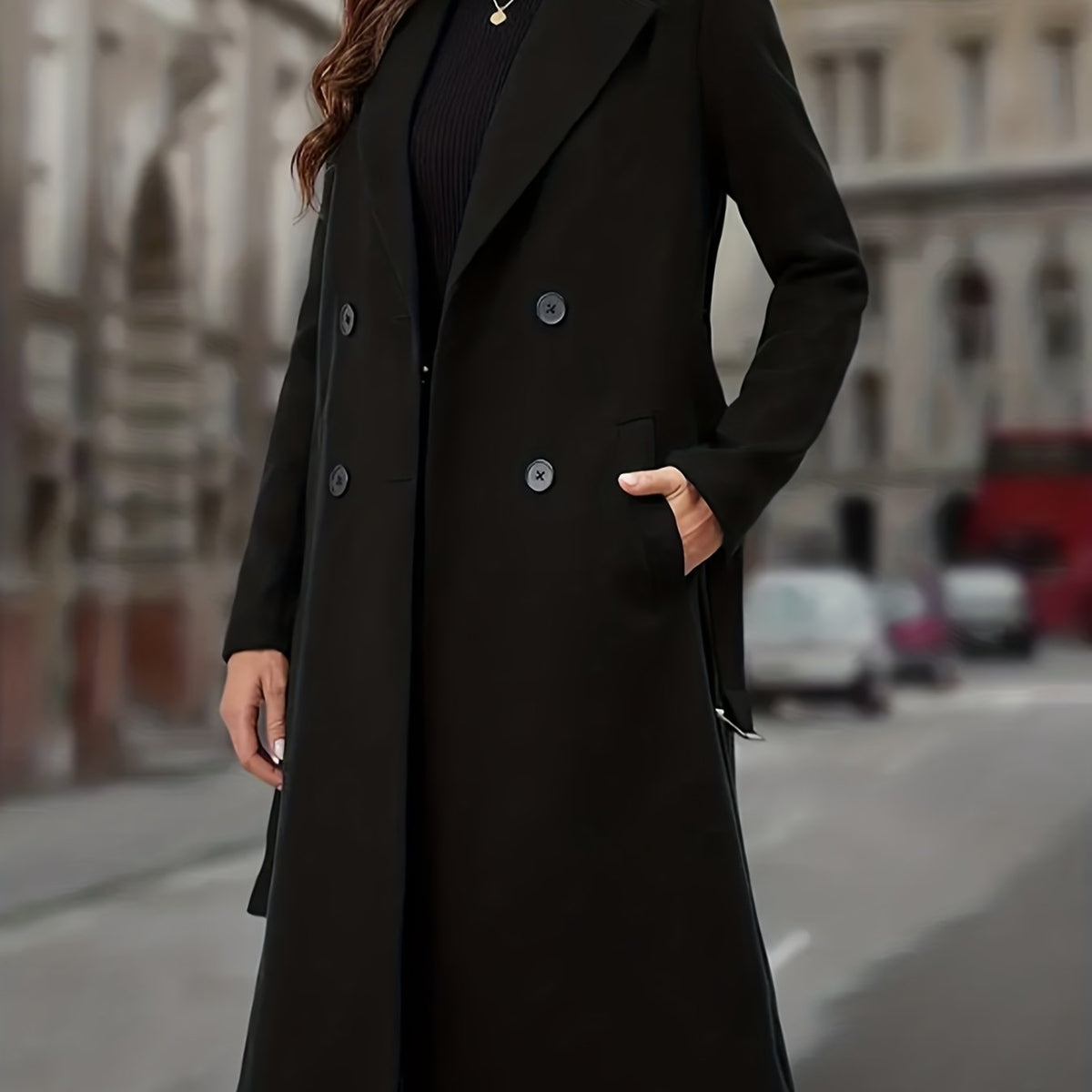 Manteau long femme en laine à double boutonnage et col cranté 1