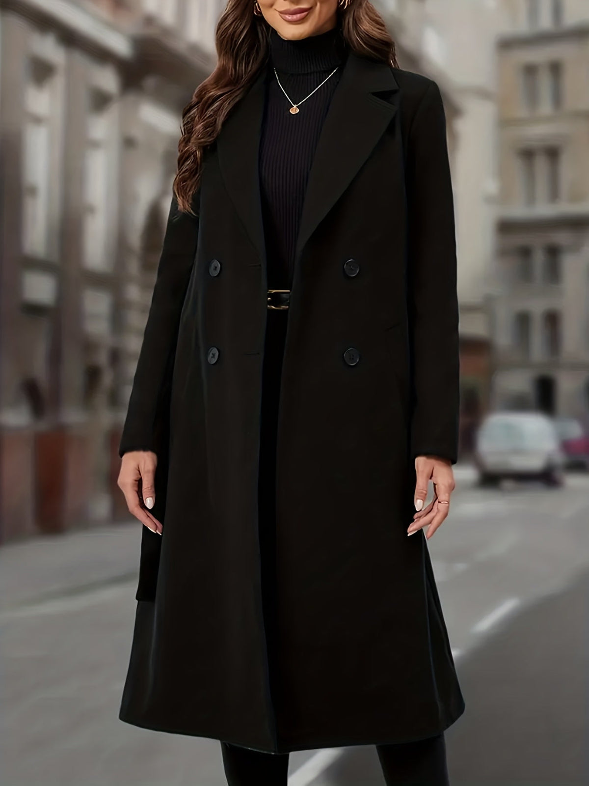 Manteau long femme en laine à double boutonnage et col cranté 3