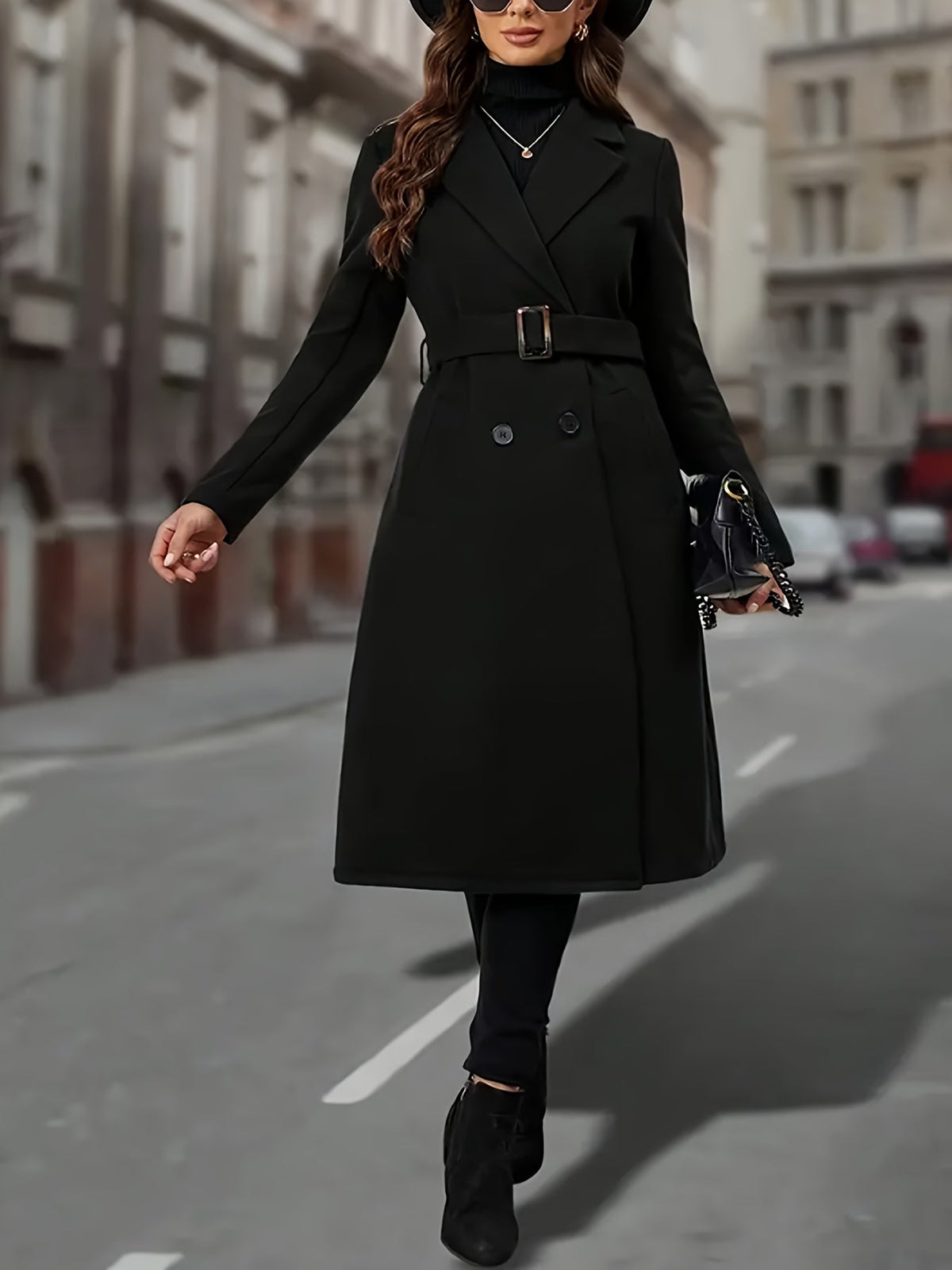 Manteau long femme en laine à double boutonnage et col cranté 5