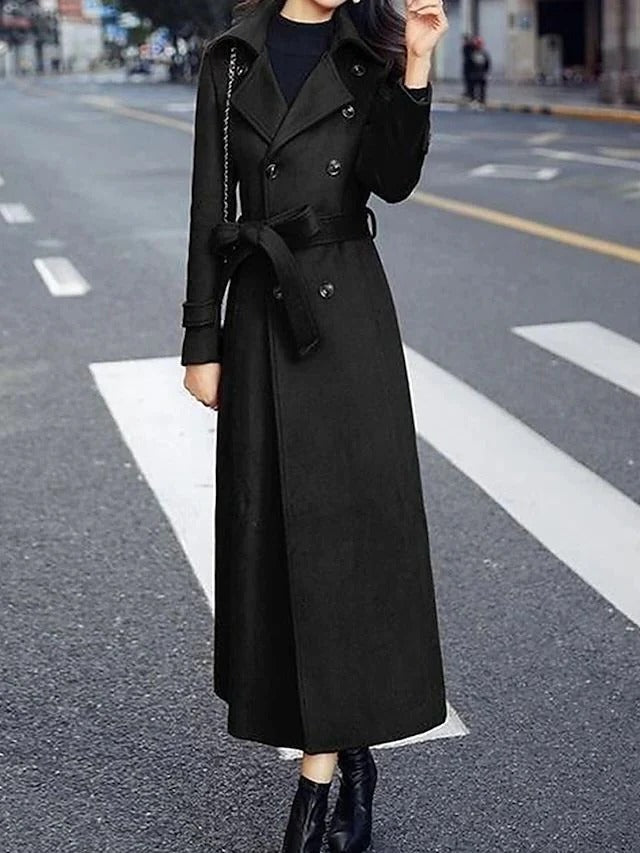 Manteau long femme en laine à taille ceinturée et col cranté 2