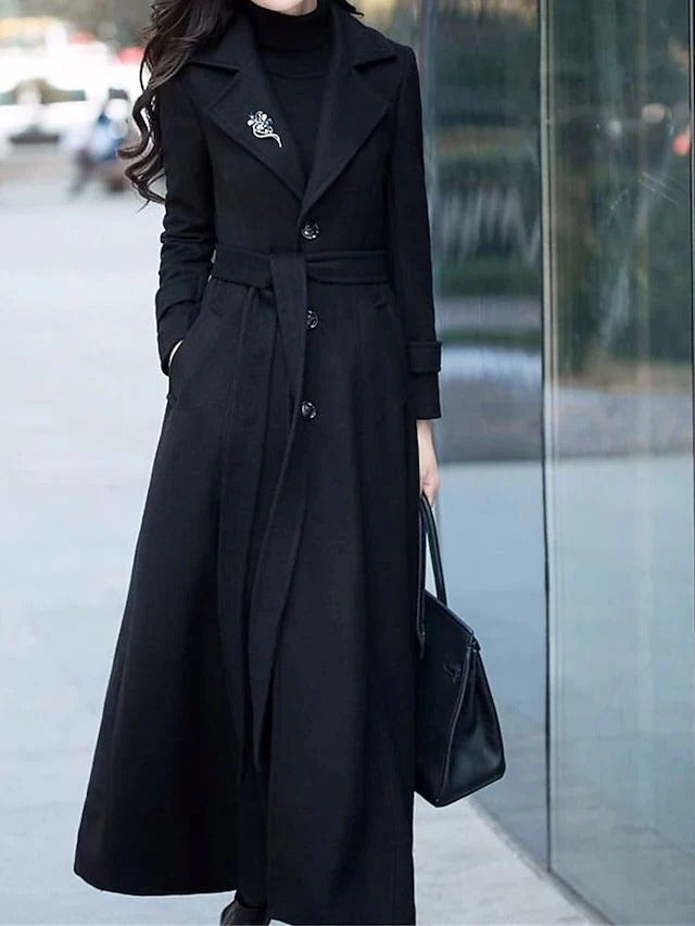 Manteau long femme en laine à taille ceinturée et col cranté 8