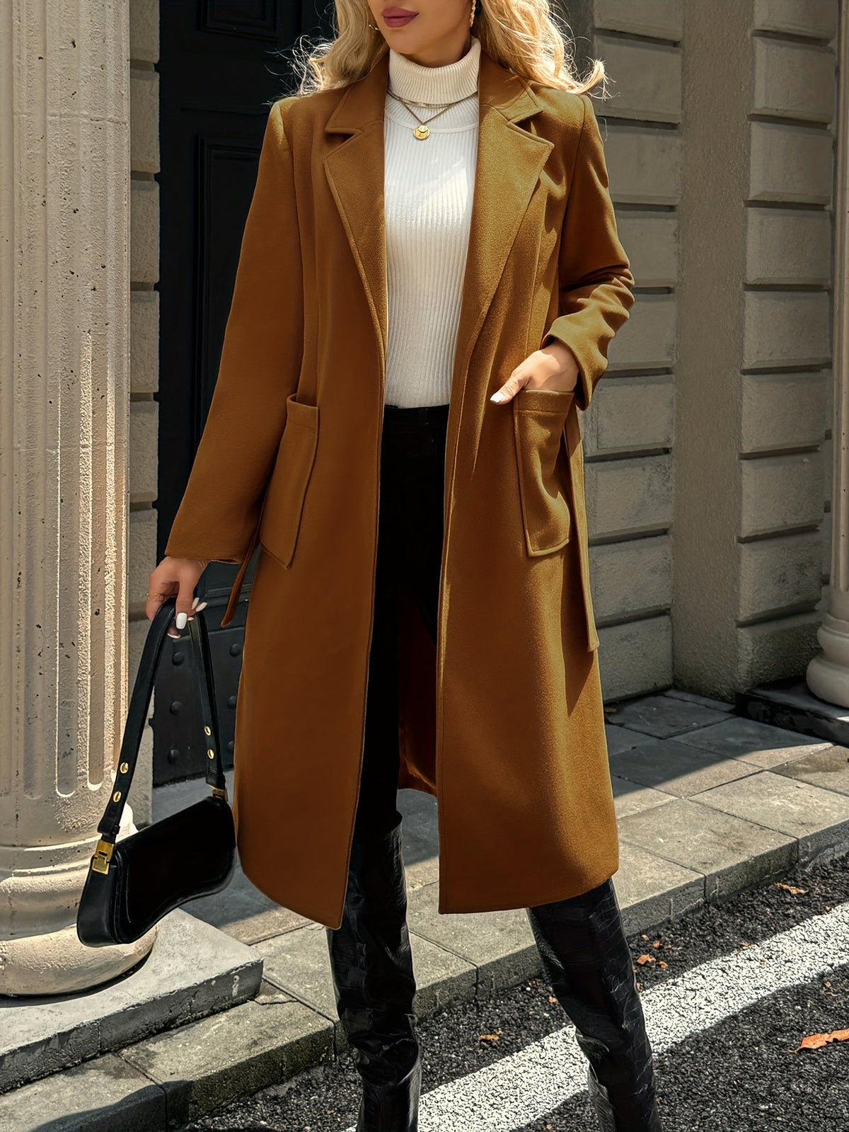 Manteau long femme en laine ceinturé à col cranté et poches plaquées 15
