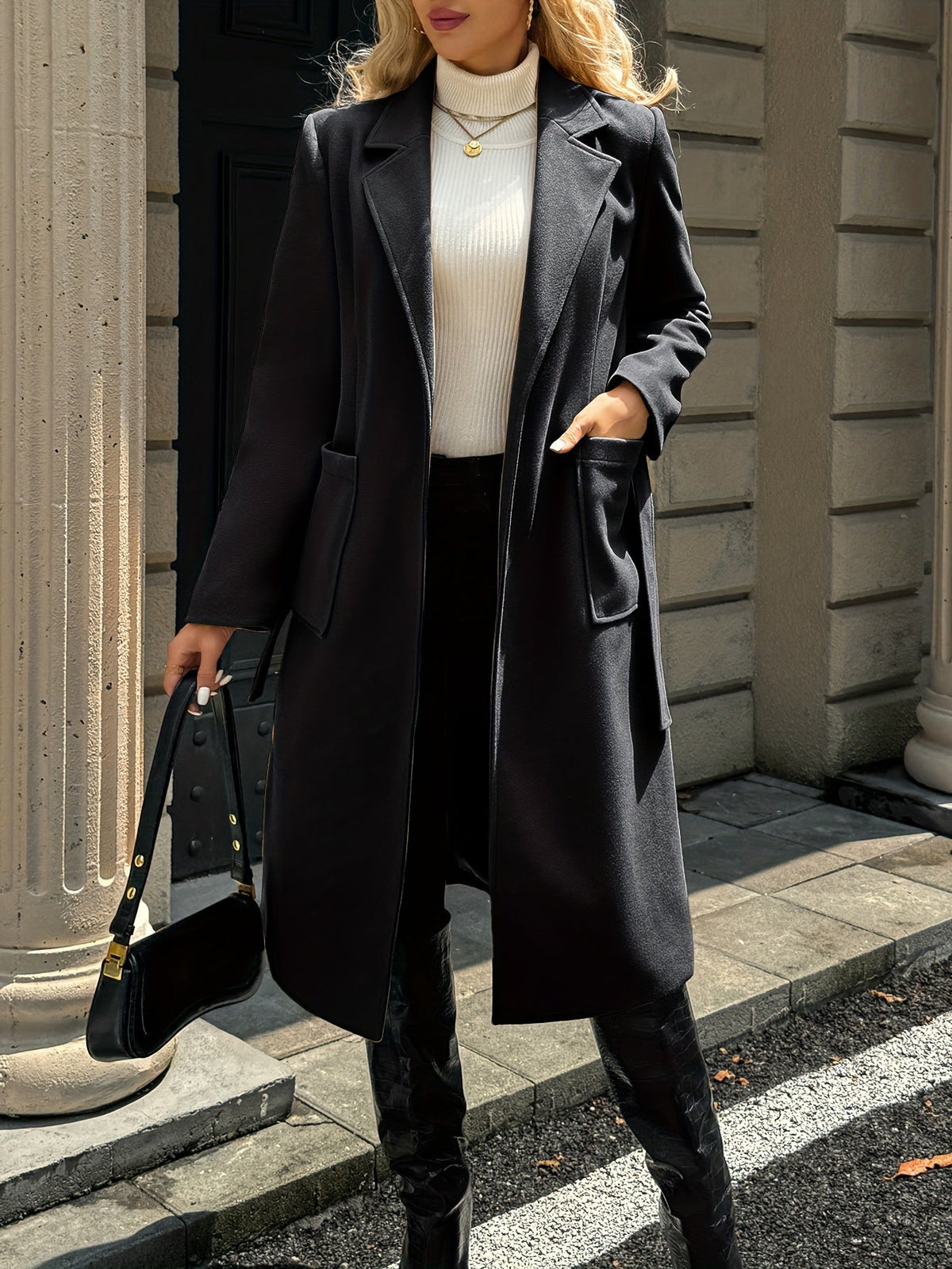 Manteau long femme en laine ceinturé à col cranté et poches plaquées 19