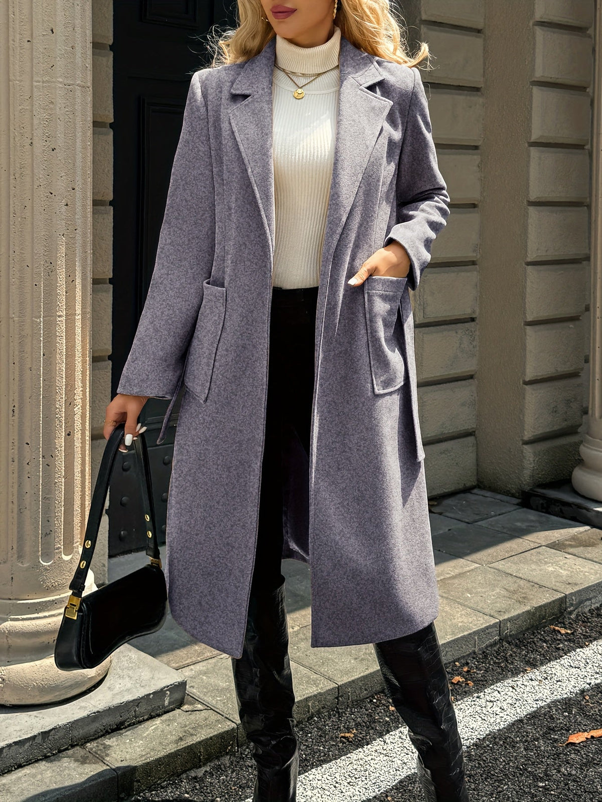 Manteau long femme en laine ceinturé à col cranté et poches plaquées 24