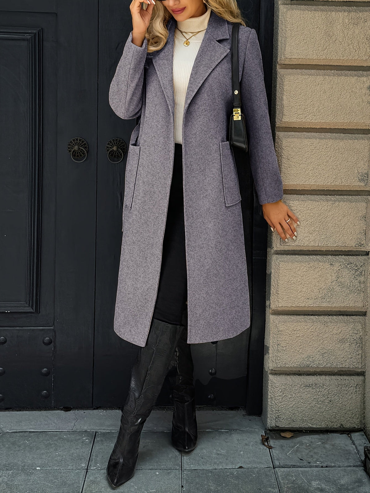 Manteau long femme en laine ceinturé à col cranté et poches plaquées 26