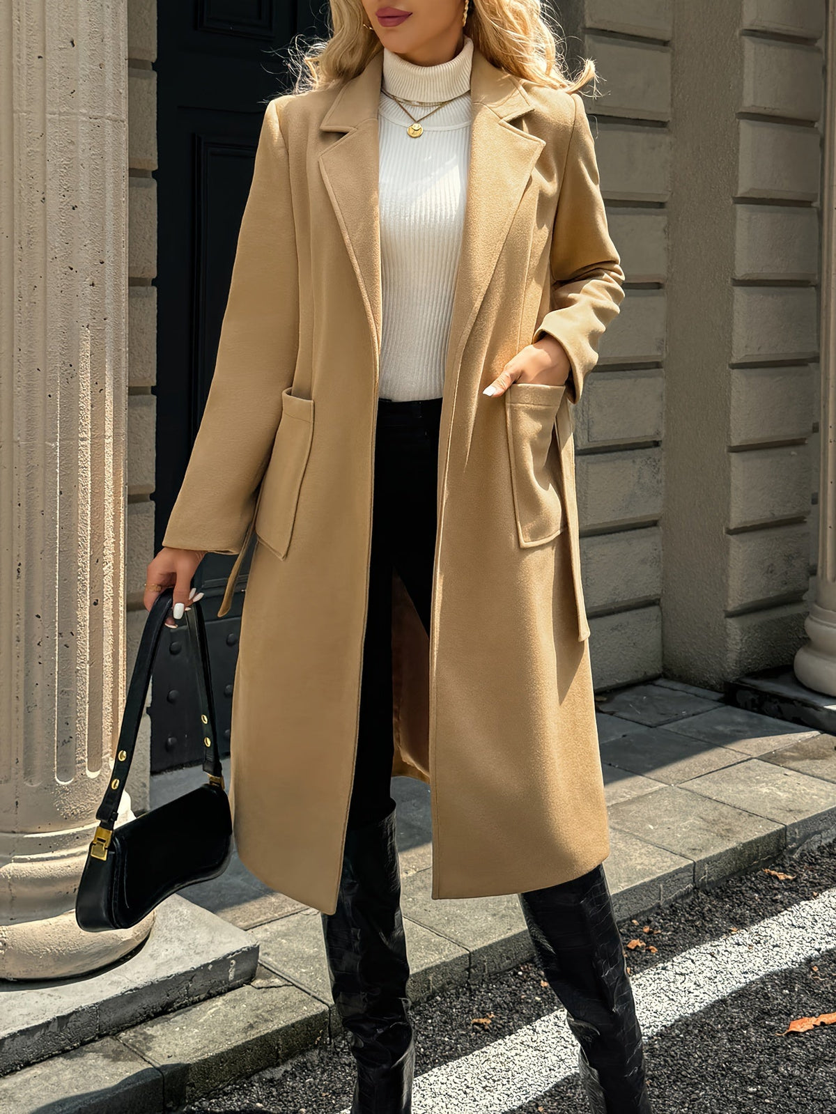 Manteau long femme en laine ceinturé à col cranté et poches plaquées 8