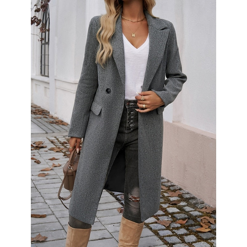 Manteau long femme en laine coupe ajustée à col cranté 1