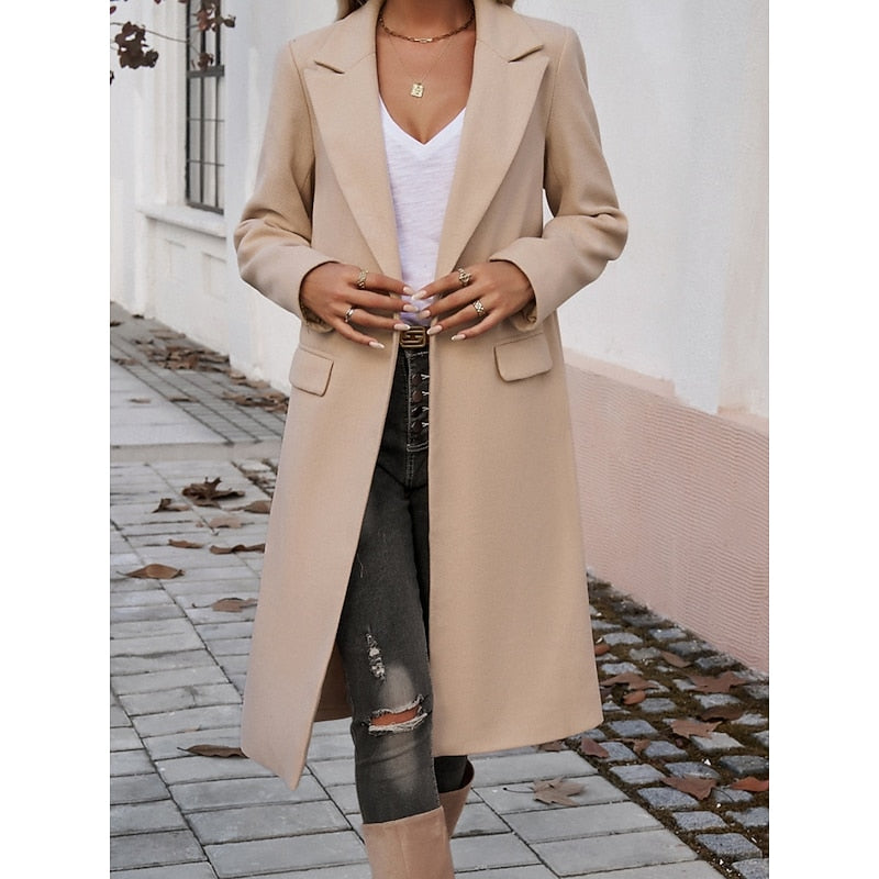 Manteau long femme en laine coupe ajustée à col cranté 13