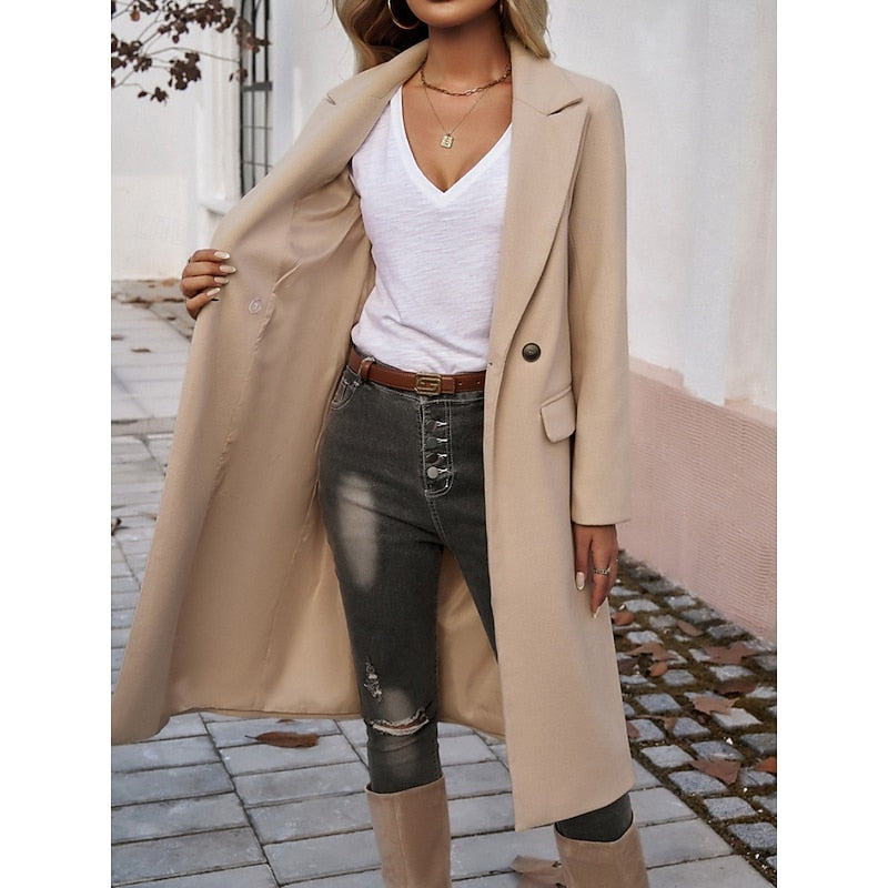 Manteau long femme en laine coupe ajustée à col cranté 14
