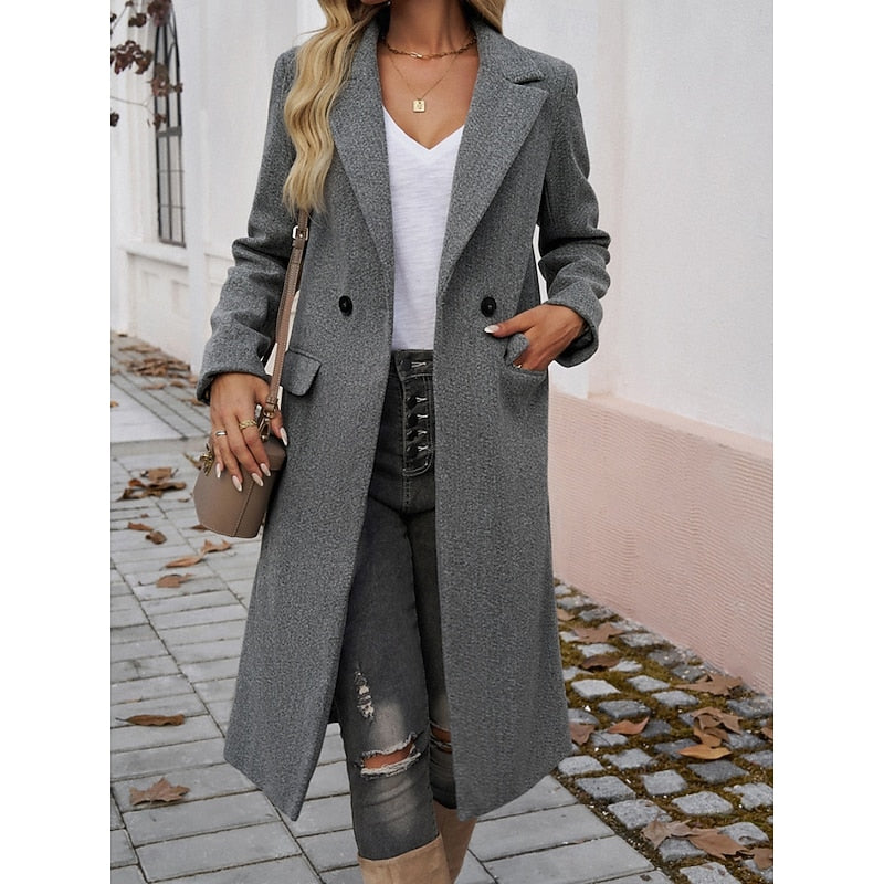 Manteau long femme en laine coupe ajustée à col cranté 2