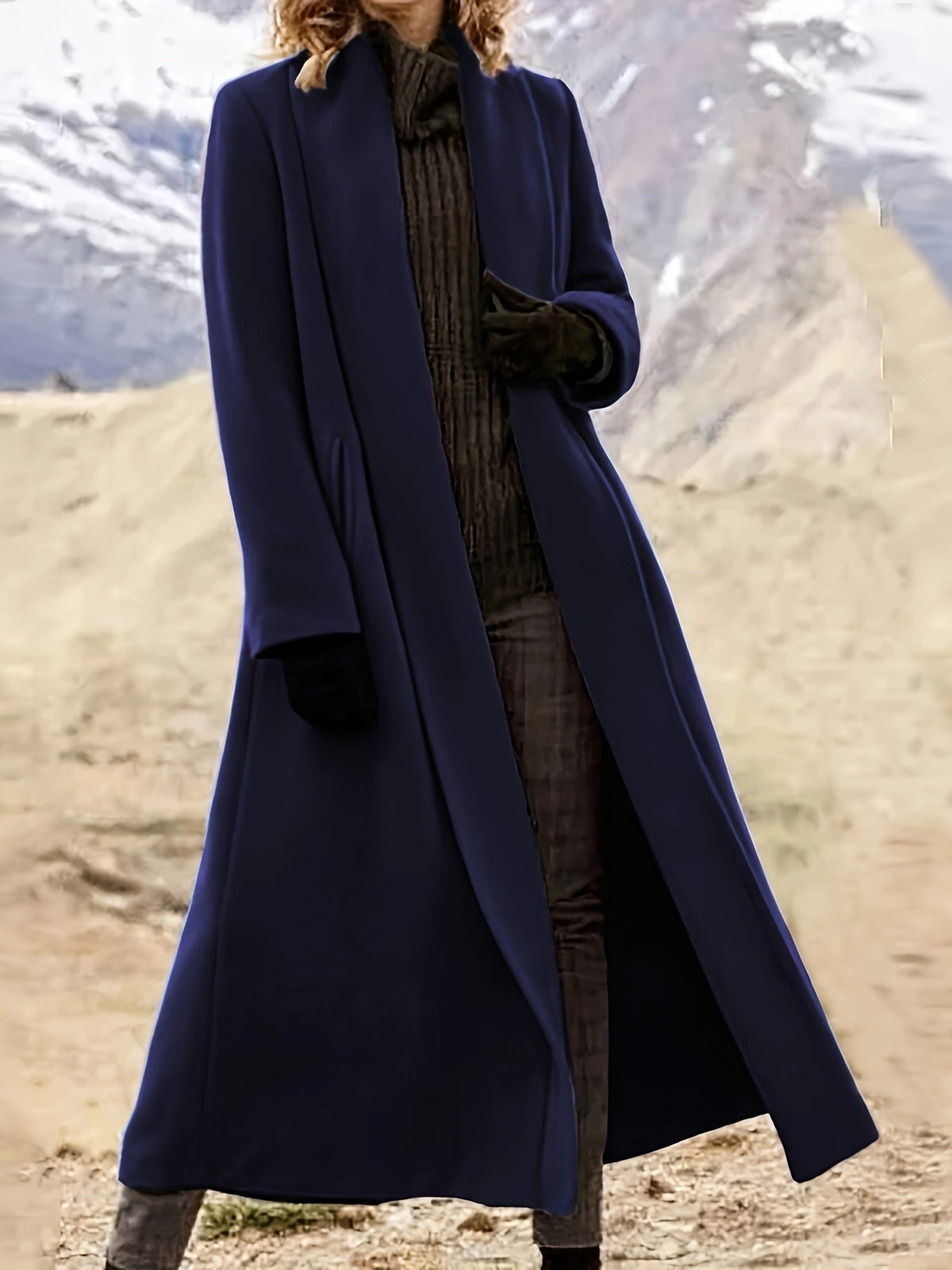 Manteau long femme en laine coupe évasée à col à revers 11