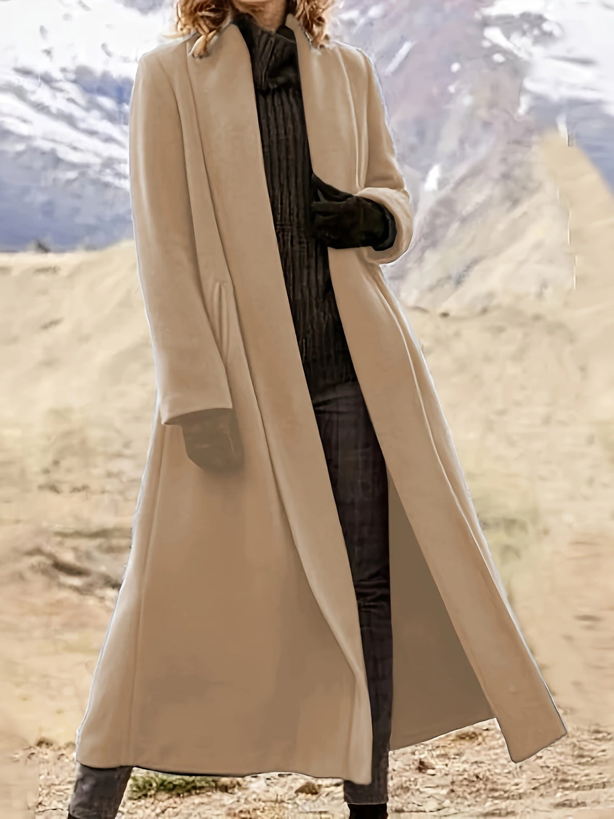 Manteau long femme en laine coupe évasée à col à revers 15
