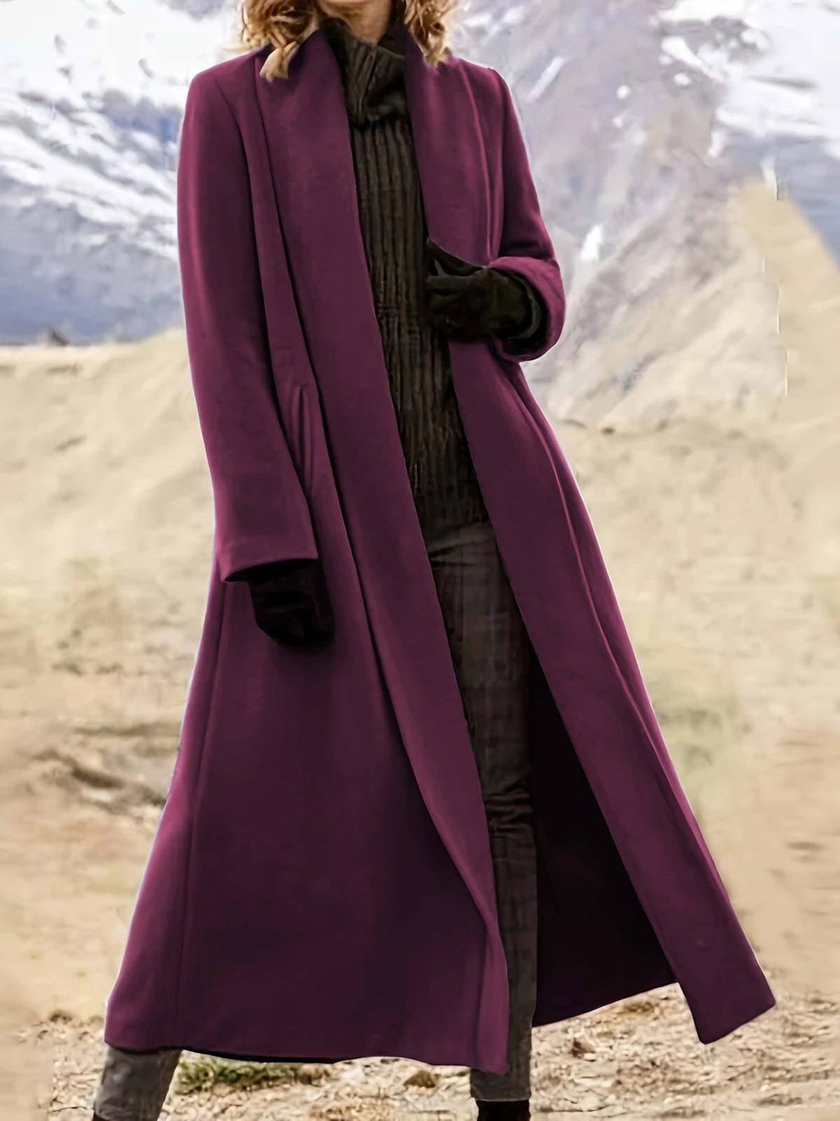 Manteau long femme en laine coupe évasée à col à revers 19