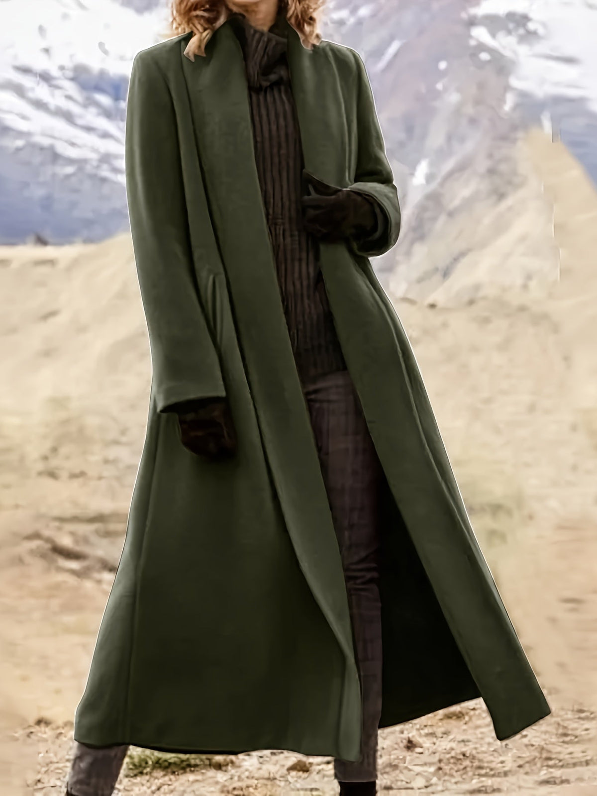 Manteau long femme en laine coupe évasée à col à revers 2