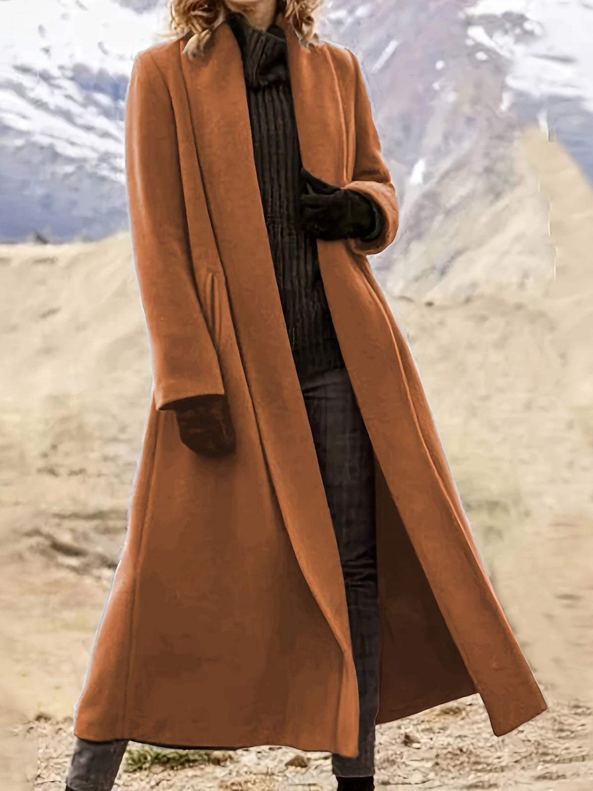 Manteau long femme en laine coupe évasée à col à revers 27