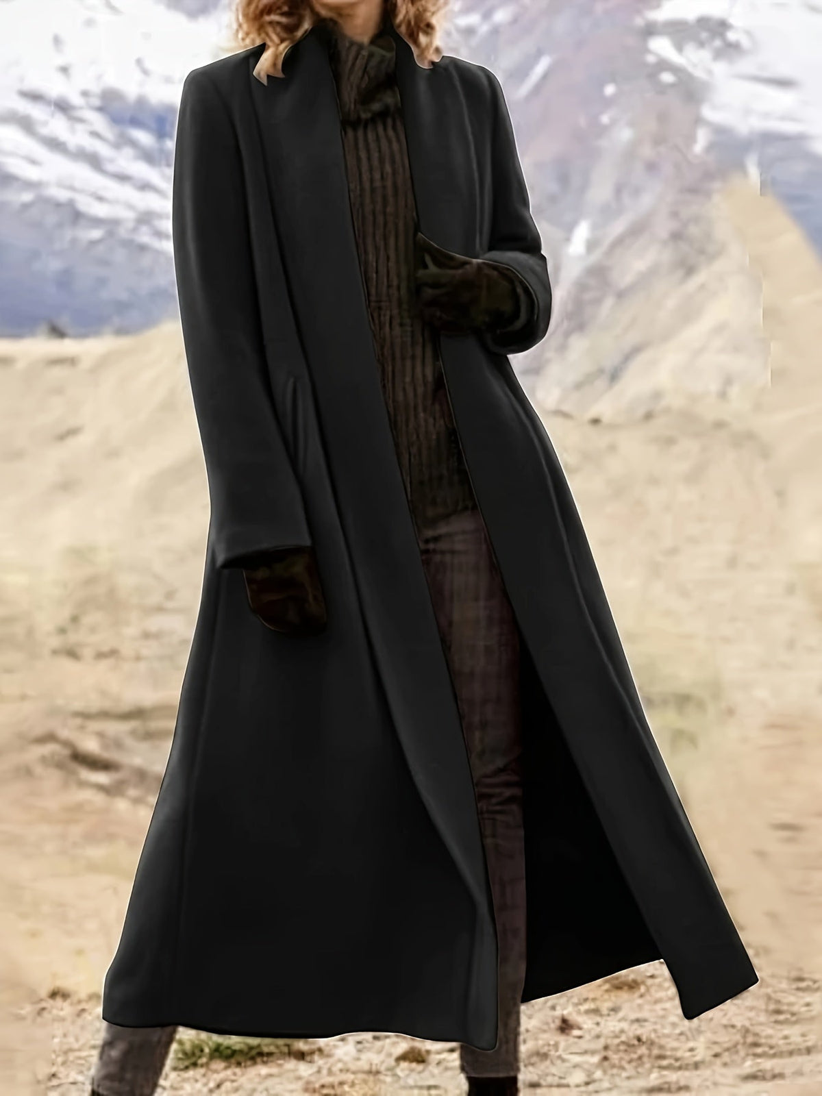 Manteau long femme en laine coupe évasée à col à revers 7