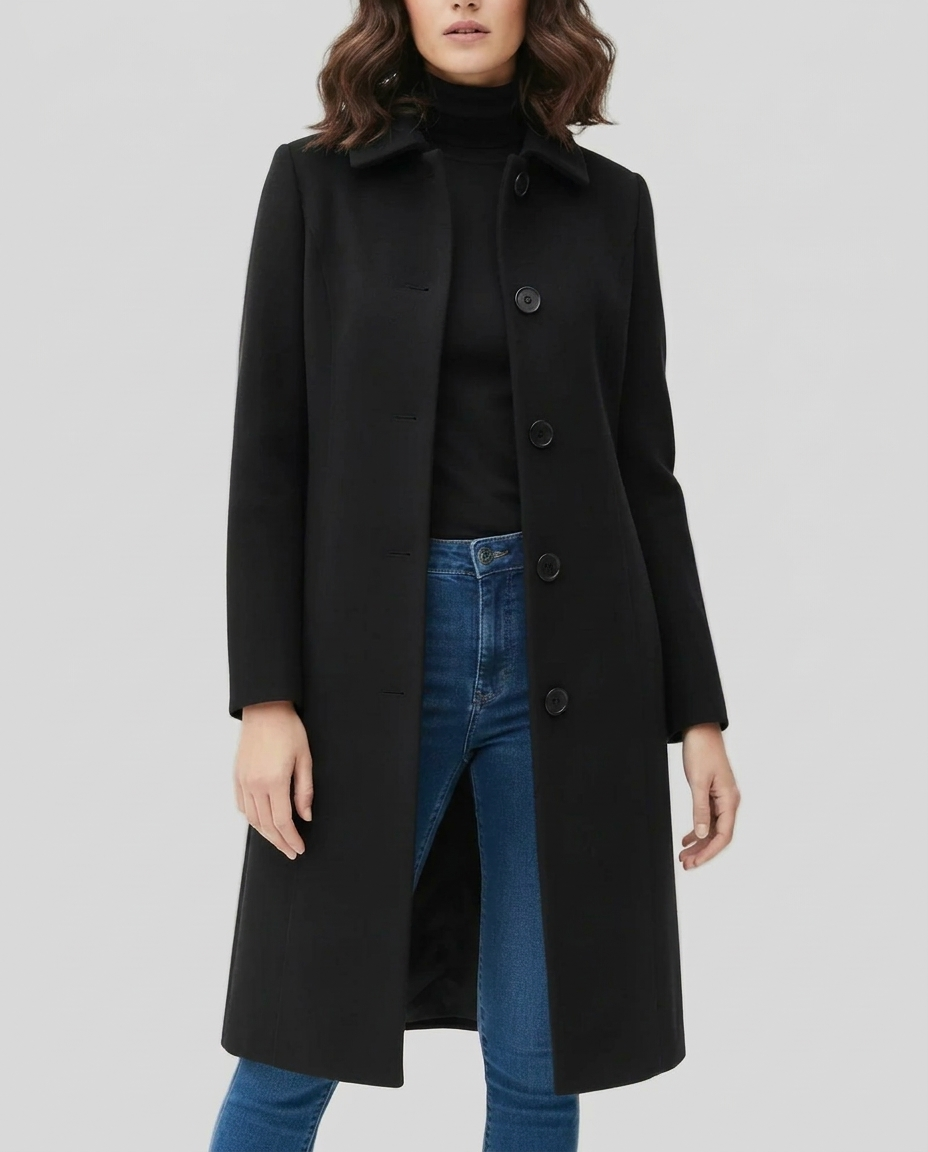 Manteau long femme en laine simple boutonnage à col chemise cintré 1