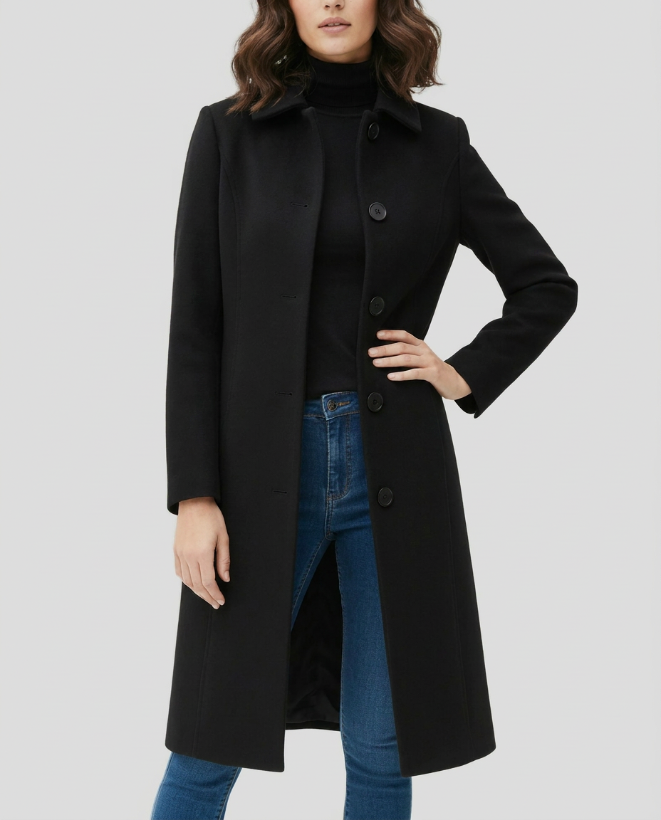 Manteau long femme en laine simple boutonnage à col chemise cintré 2