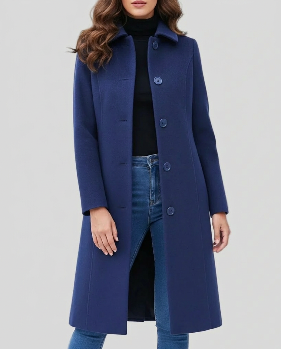Manteau long femme en laine simple boutonnage à col chemise cintré 4