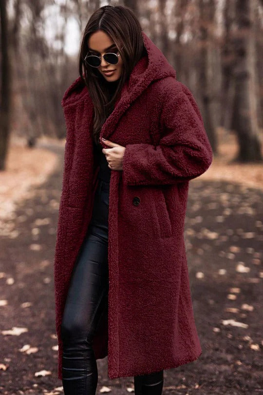 Manteau long femme en teddy à capuche coupe ample 9