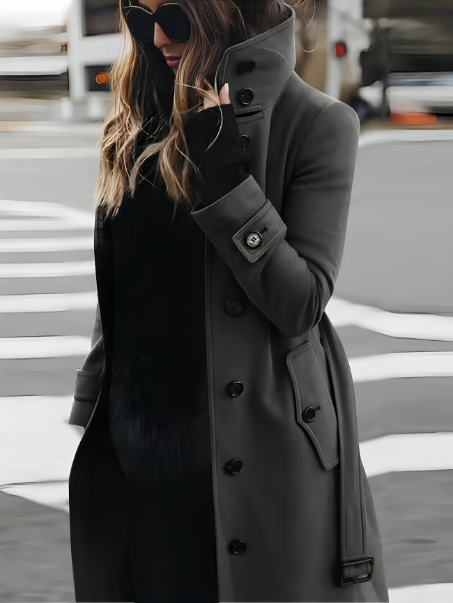 Manteau mi-long femme cintré à ceinture, col montant et boutonnage 1