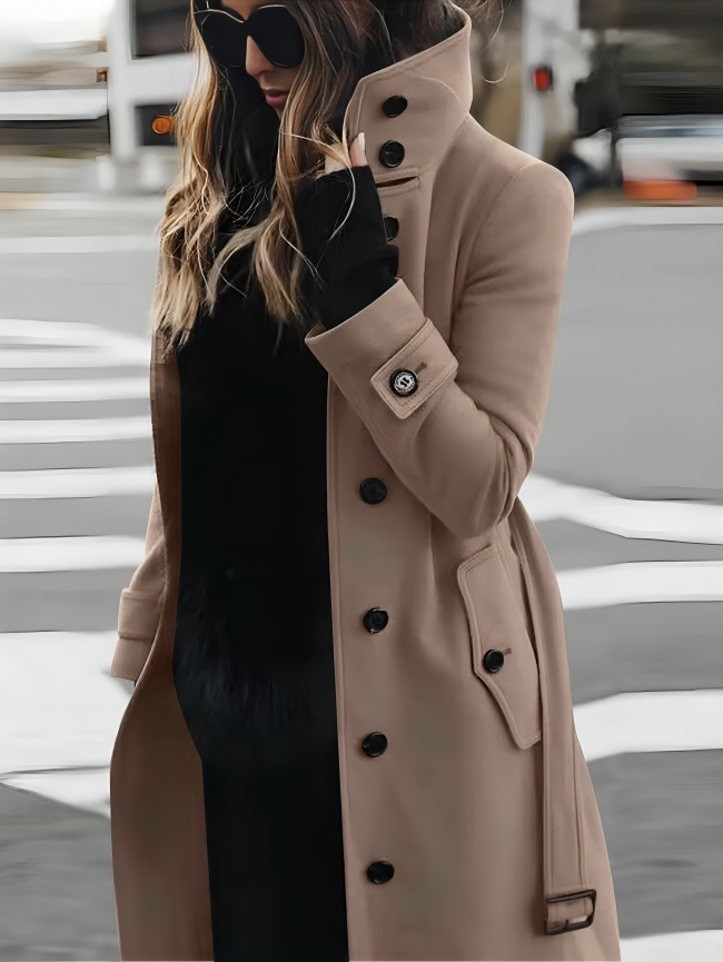 Manteau mi-long femme cintré à ceinture, col montant et boutonnage 2