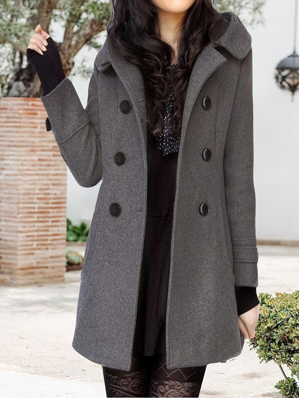 Manteau mi-long femme en laine à capuche et double boutonnage 10