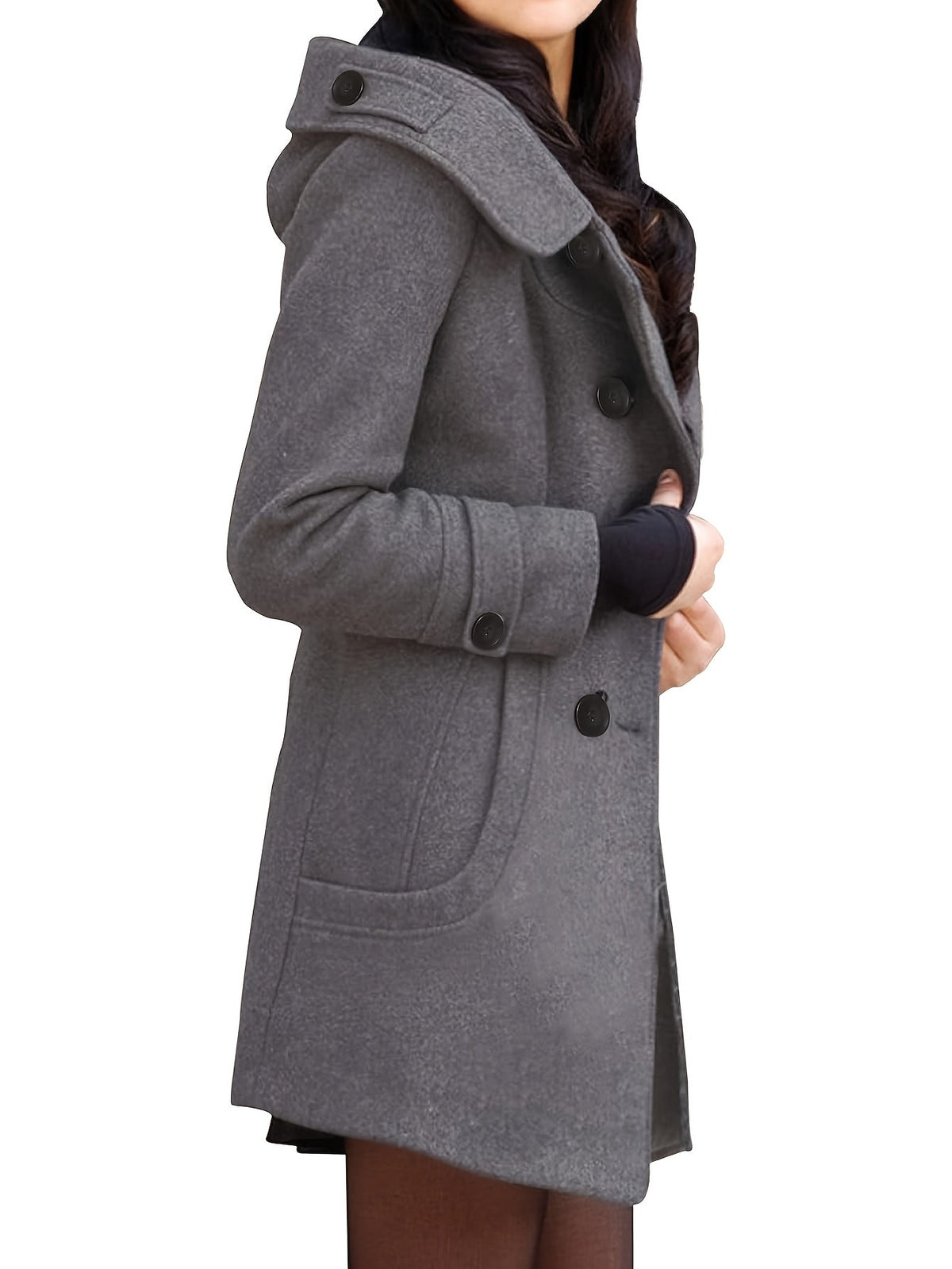 Manteau mi-long femme en laine à capuche et double boutonnage 11