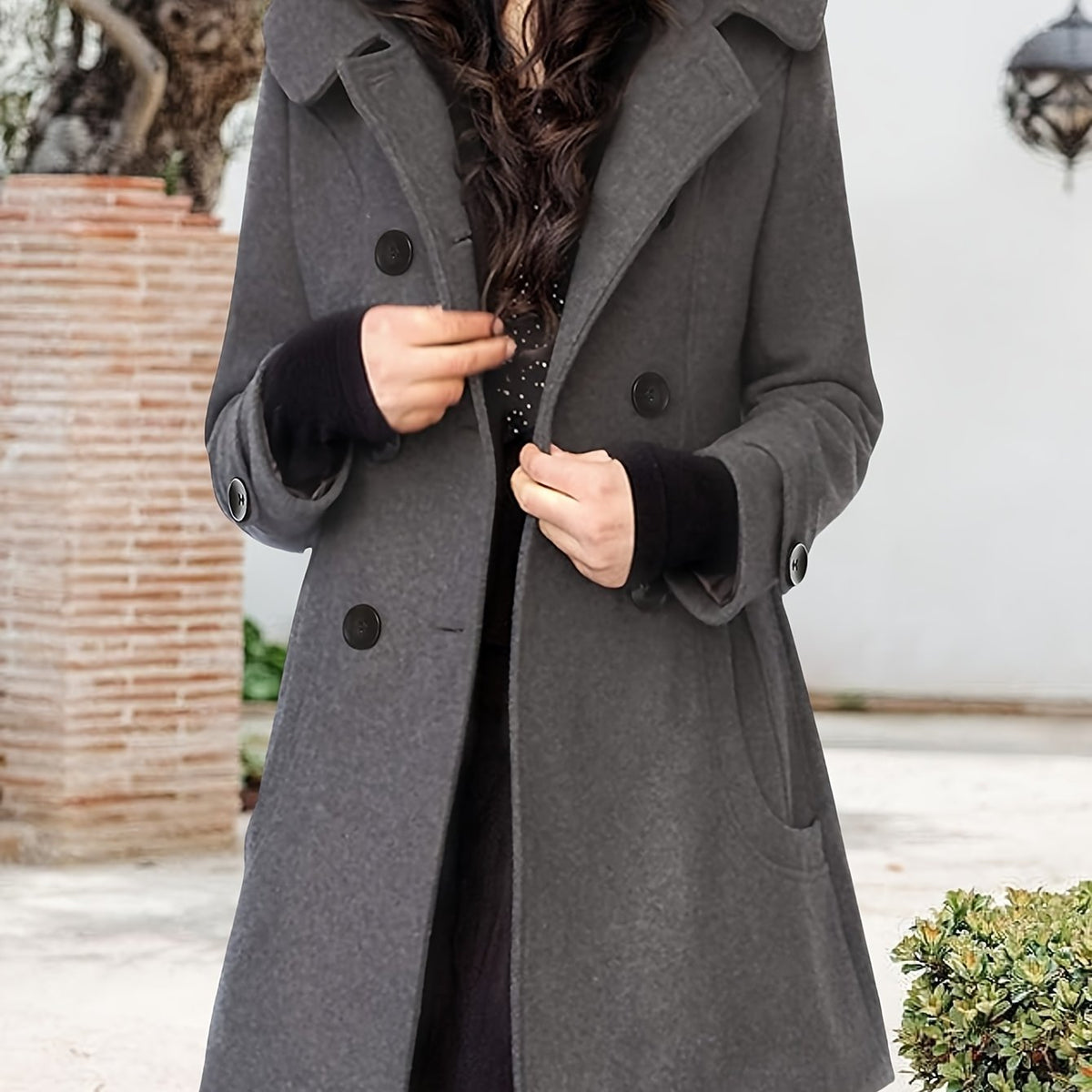 Manteau mi-long femme en laine à capuche et double boutonnage 2
