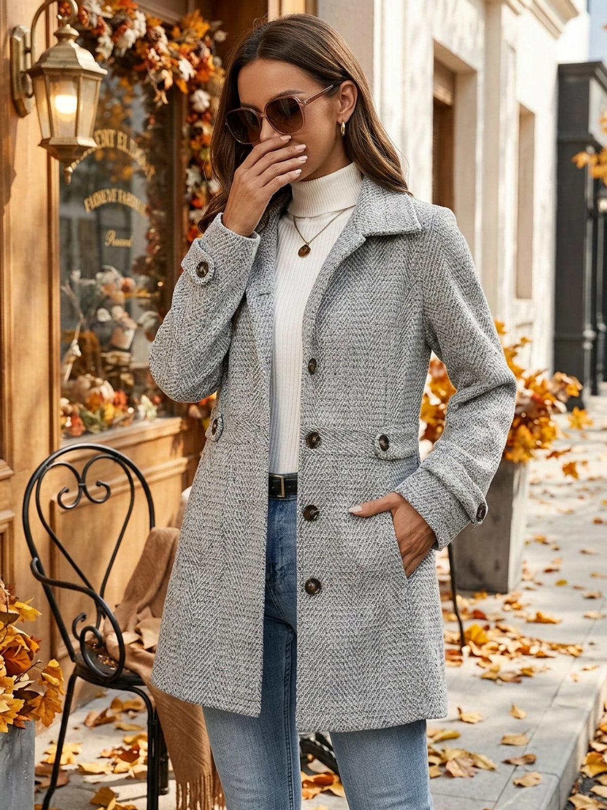Manteau mi-long femme en laine à chevrons cintré à la taille 7