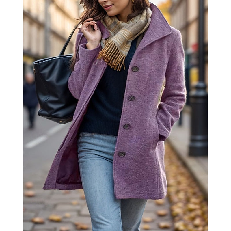 Manteau mi-long femme en laine à col rabattu et boutonnage simple 1