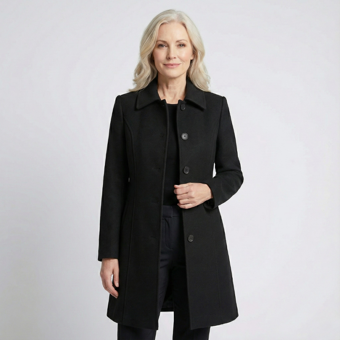 Manteau mi-long femme en laine coupe évasée boutonné sur le devant 1