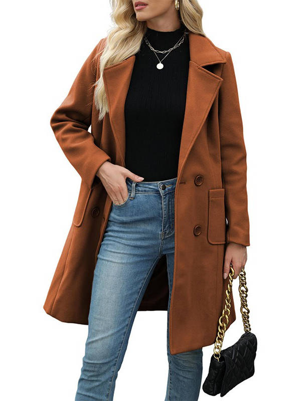 Manteau mi-long femme en laine mélangée à double boutonnage et poches à rabat 1