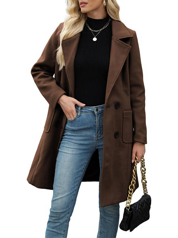 Manteau mi-long femme en laine mélangée à double boutonnage et poches à rabat 10