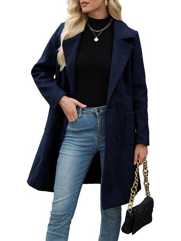 Manteau mi-long femme en laine mélangée à double boutonnage et poches à rabat 11