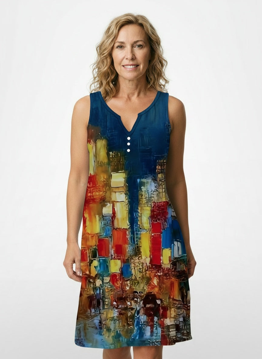 Full body view of the model wearing Robe mini légère sans manches femme