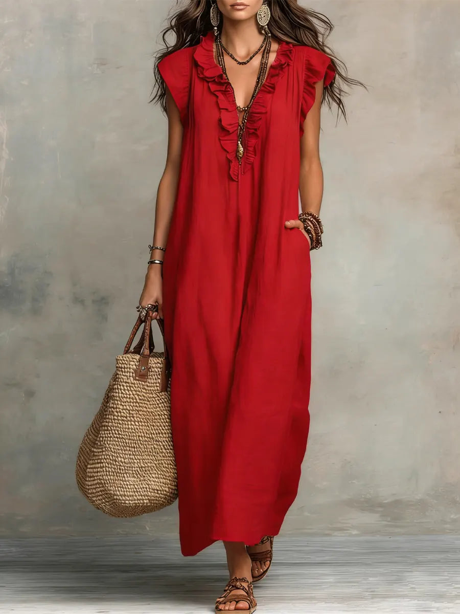 Robe longue femme en lin et coton, coupe fluide bohème