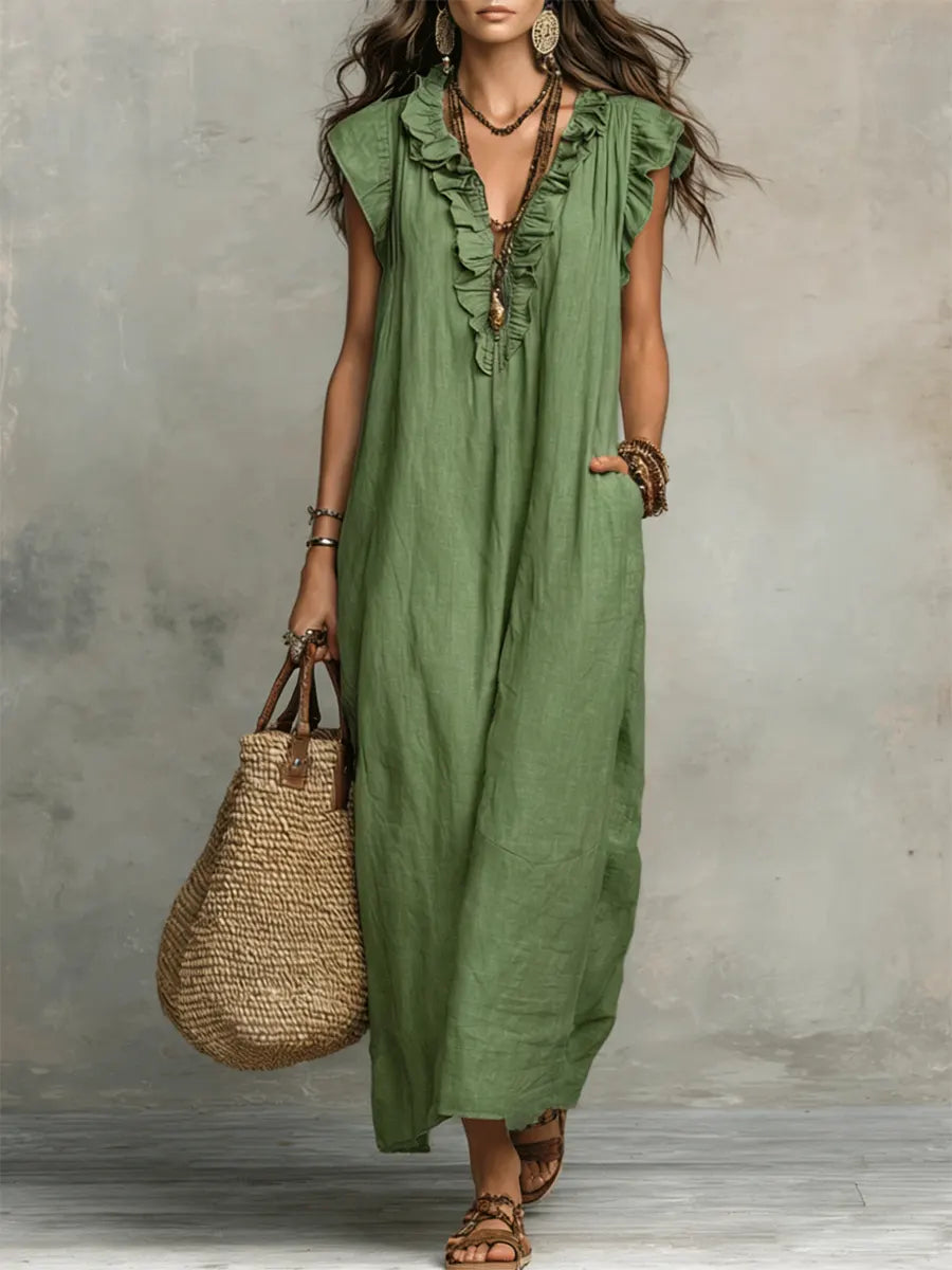 Robe longue femme en lin et coton, coupe fluide bohème