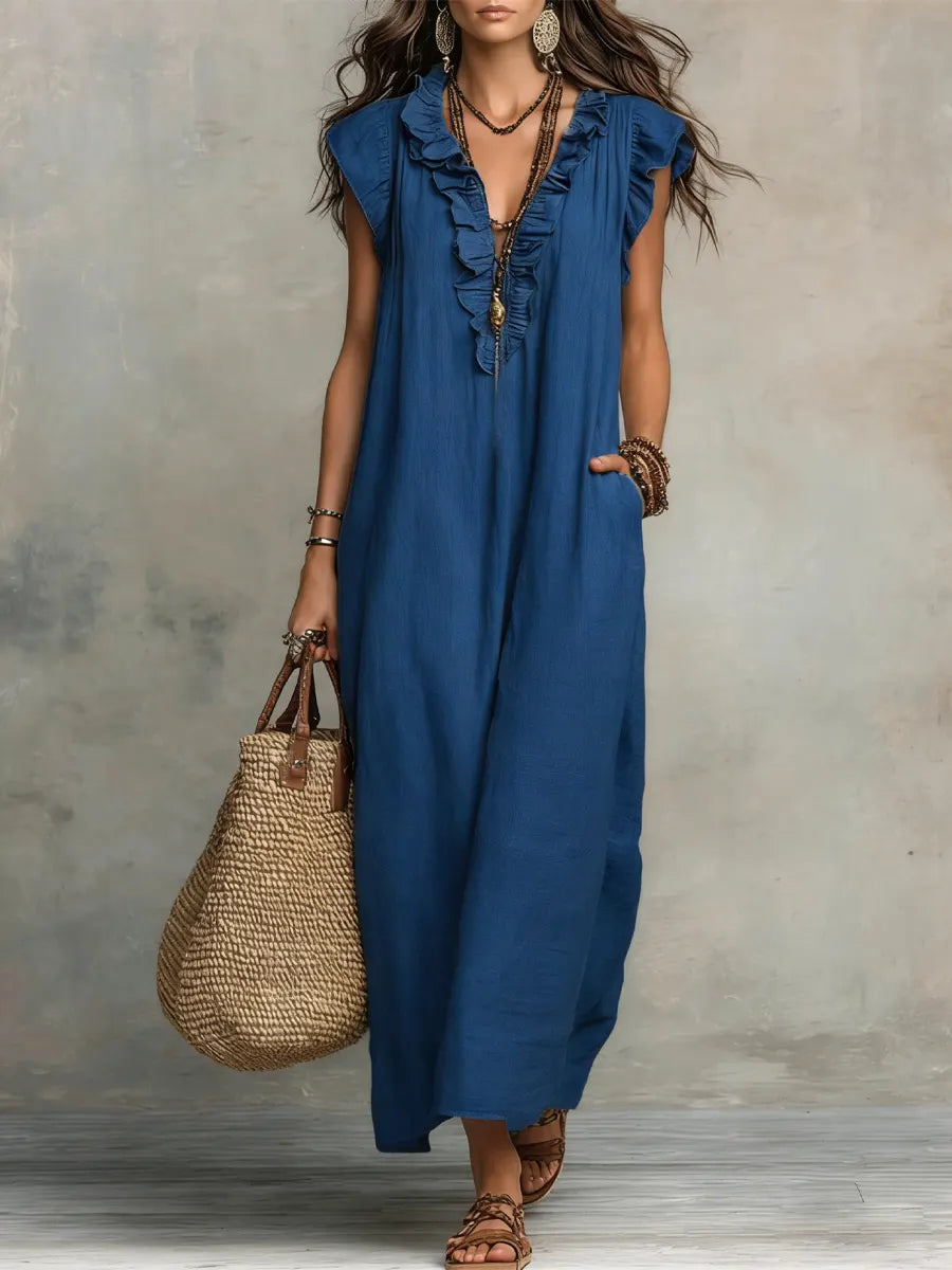 Robe longue femme en lin et coton, coupe fluide bohème