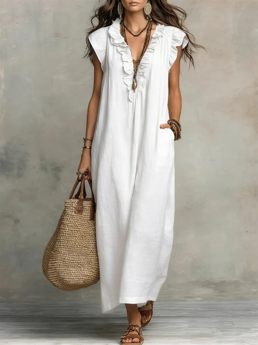 Robe longue femme en lin et coton, coupe fluide bohème