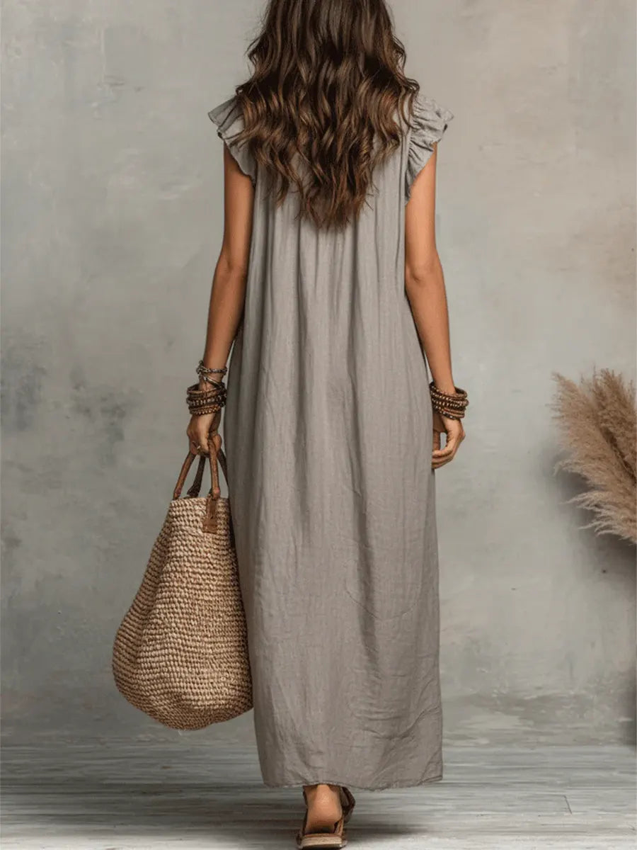 Robe longue femme en lin et coton, coupe fluide bohème