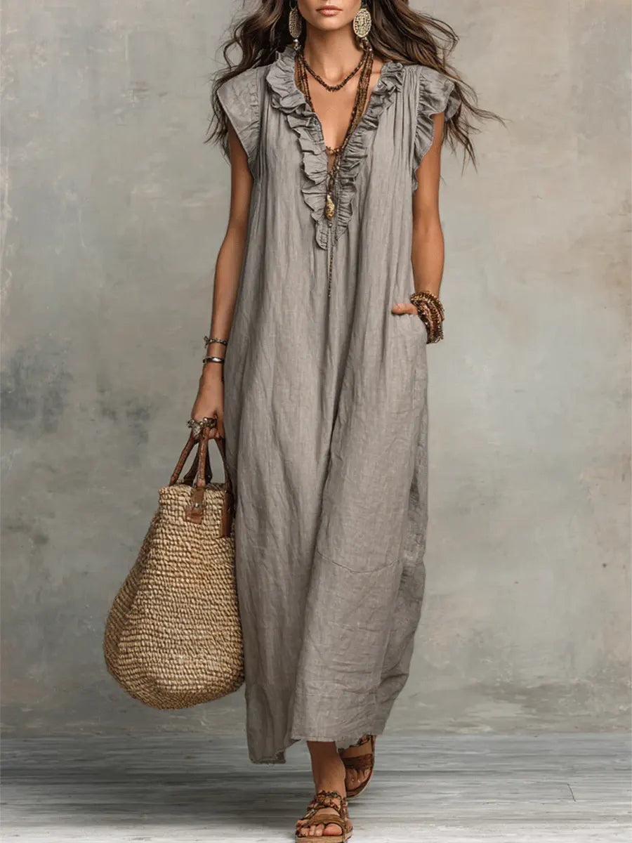 Robe longue femme en lin et coton, coupe fluide bohème