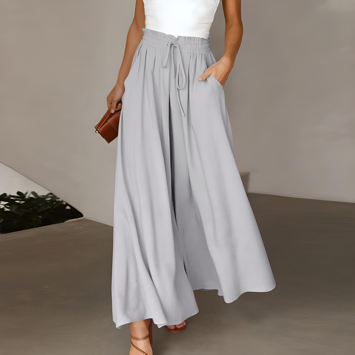Pantalon large femme taille haute à ceinture nouée 1