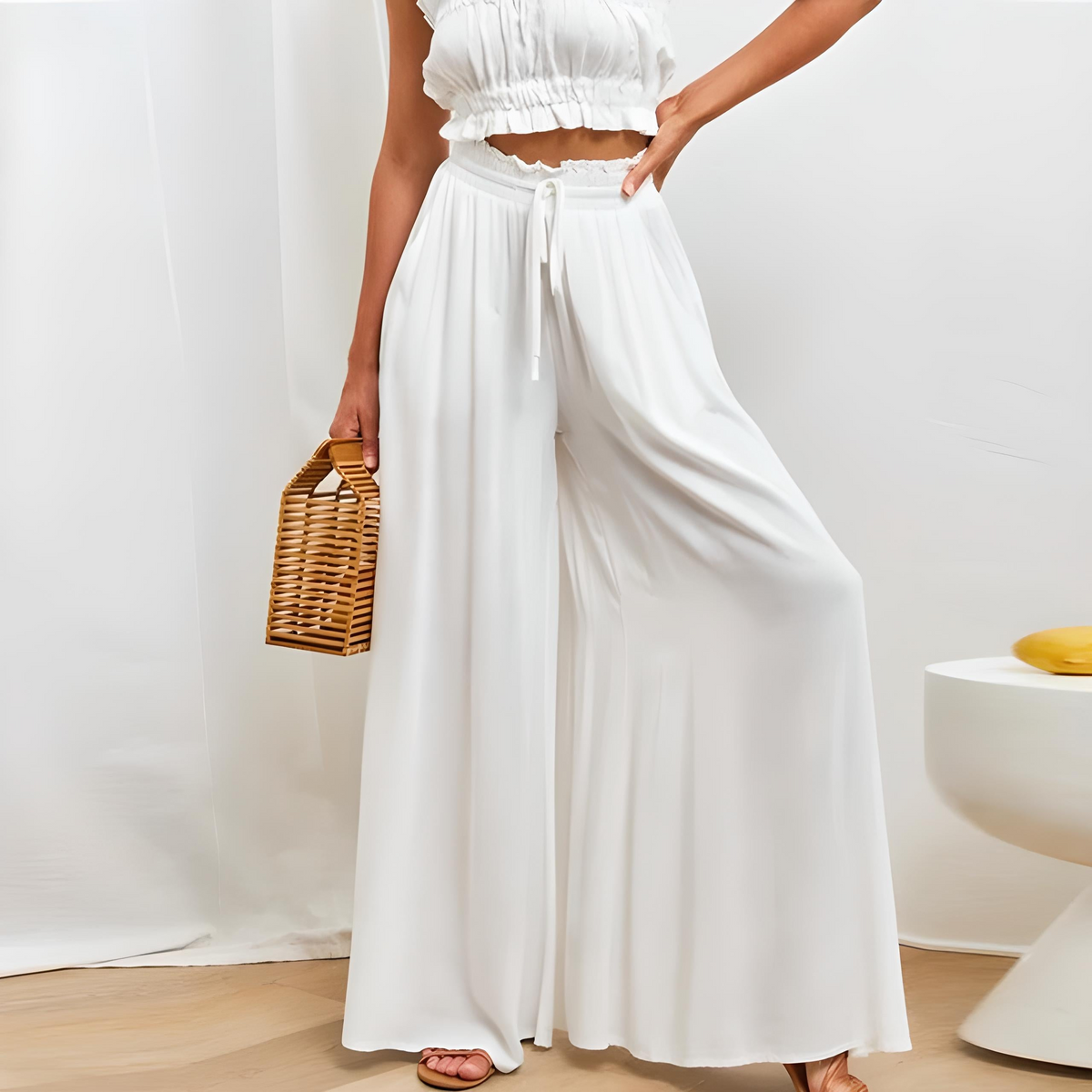 Pantalon large femme taille haute à ceinture nouée 2