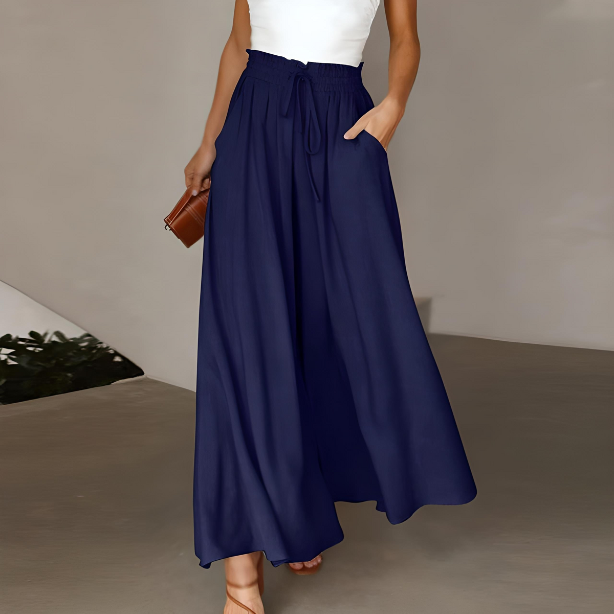 Pantalon large femme taille haute à ceinture nouée 6