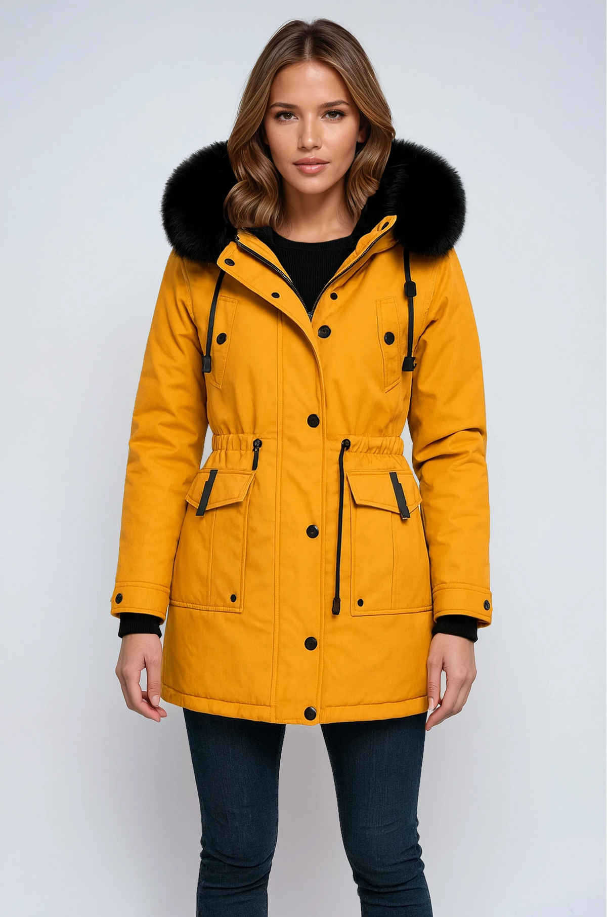 Parka d'hiver femme à capuche bordée de fausse fourrure et taille réglable 1